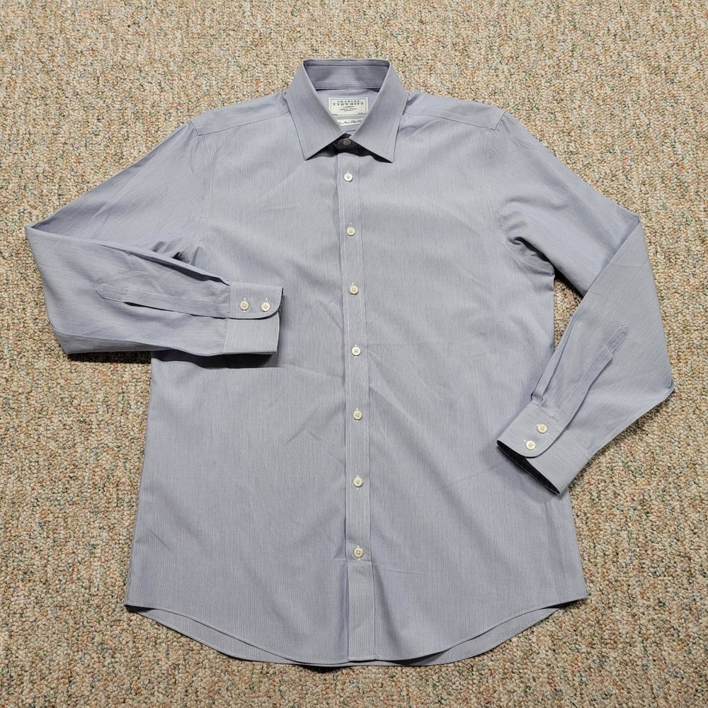 Charles Tyrwhitt Dress Shirt Mens 16 / 34 Blue Stripe Slim Fit Non-Iron Cotton